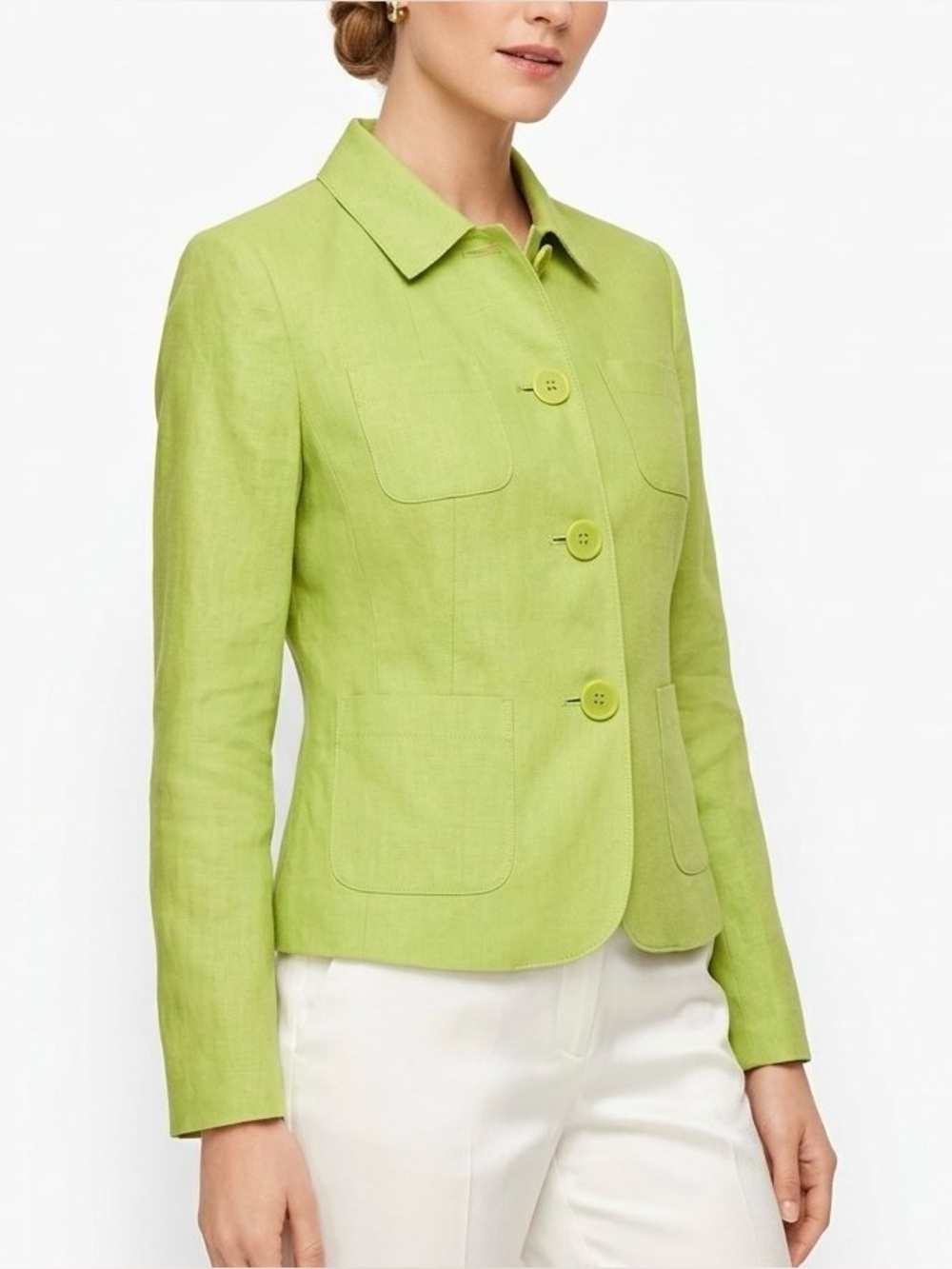 Talbots Lime Green 100% Linen Button-Front Blazer Jacket Size 4 Petite
